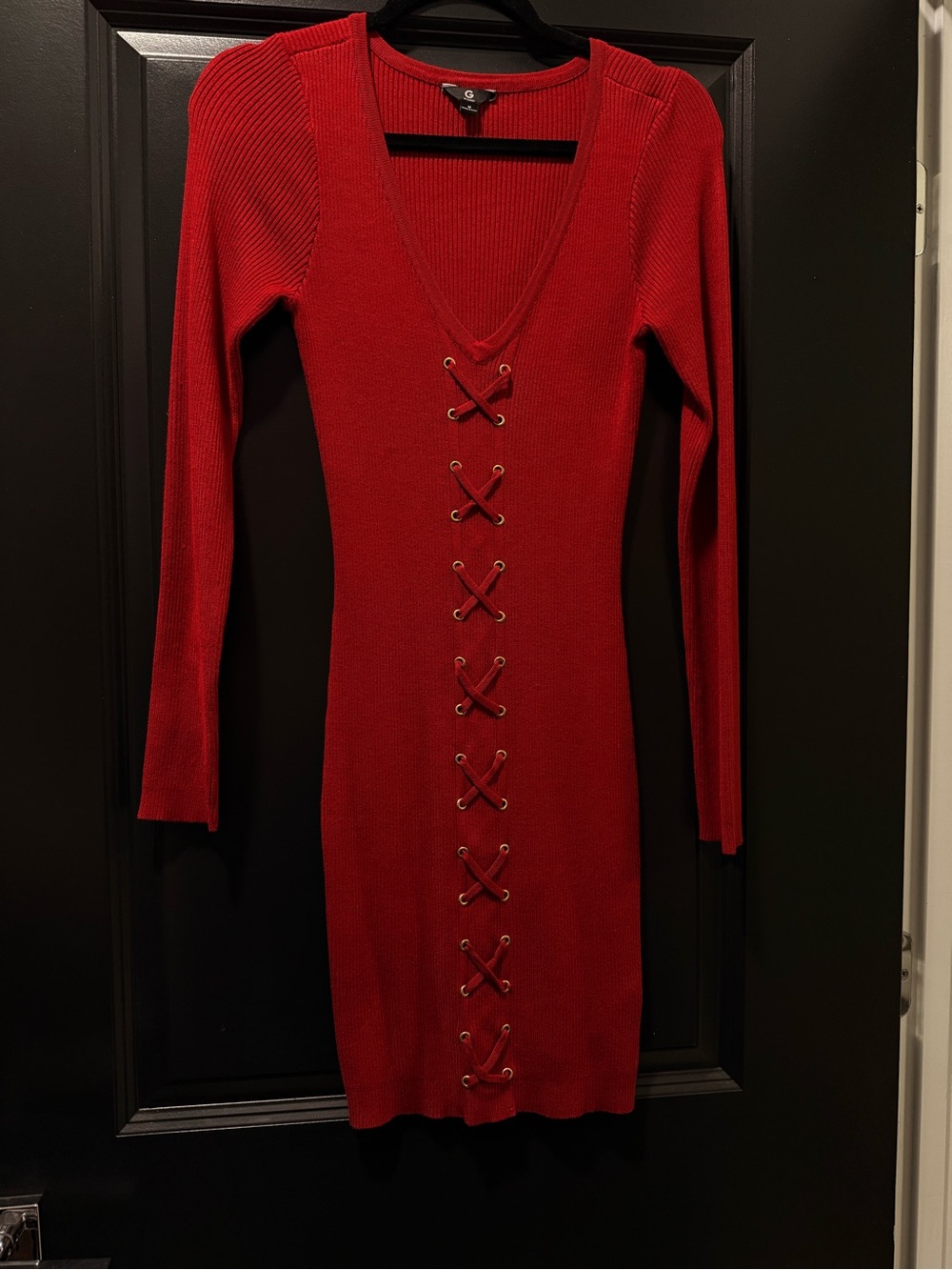 Guess Red Lace-Up V-Neck Midi Dress